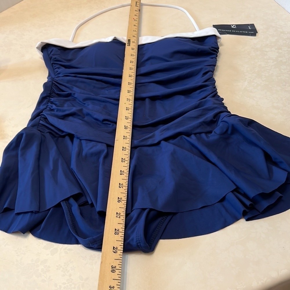 Chaps One piece Swimsuit. Blue with skirt.  Size 14.  Slimming Fit. - Picture 3 of 8